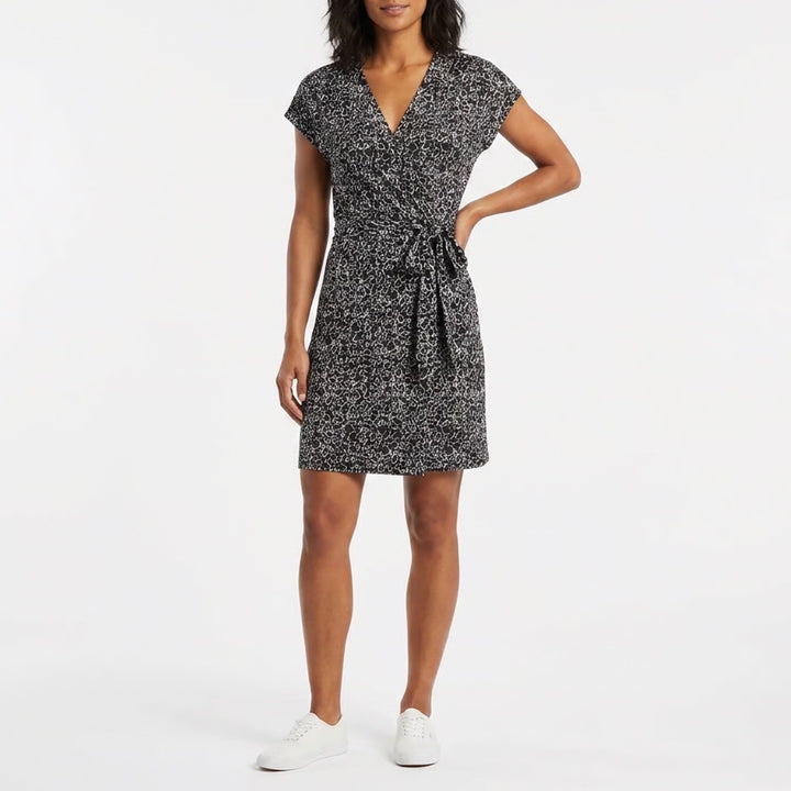 Nine West Black White Abstract Scribble Faux Wrap V-Neck Dress Large