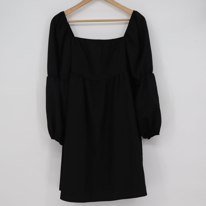 Exlura Black Puff Sleeve Mini Dress Square Neck Smocked Back L