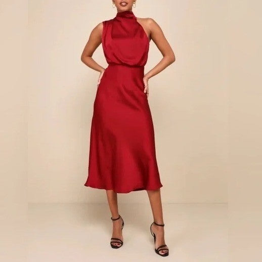 Lulus Distinctive Charm Midi Dress Womens Small Burgundy Stretch Asymmetrical