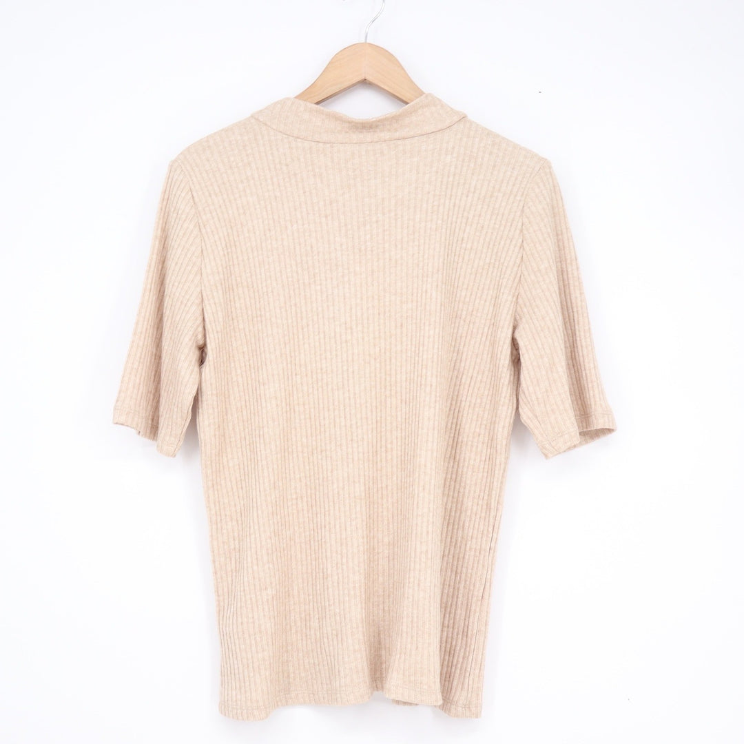 Calvin Klein Womens Ribbed Mock Neck Elbow Sleeve Top Oatmeal Beige L