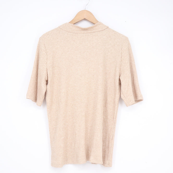 Calvin Klein Womens Ribbed Mock Neck Elbow Sleeve Top Oatmeal Beige L