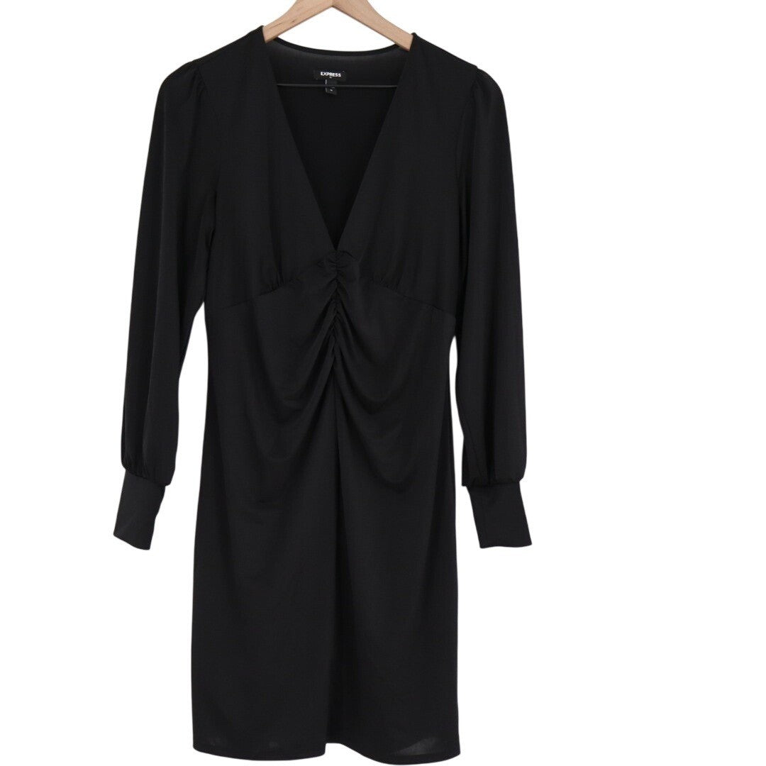 Express Shirt Dress Womens Medium Black Stretch V-Neck Long Sleeve Knee Length