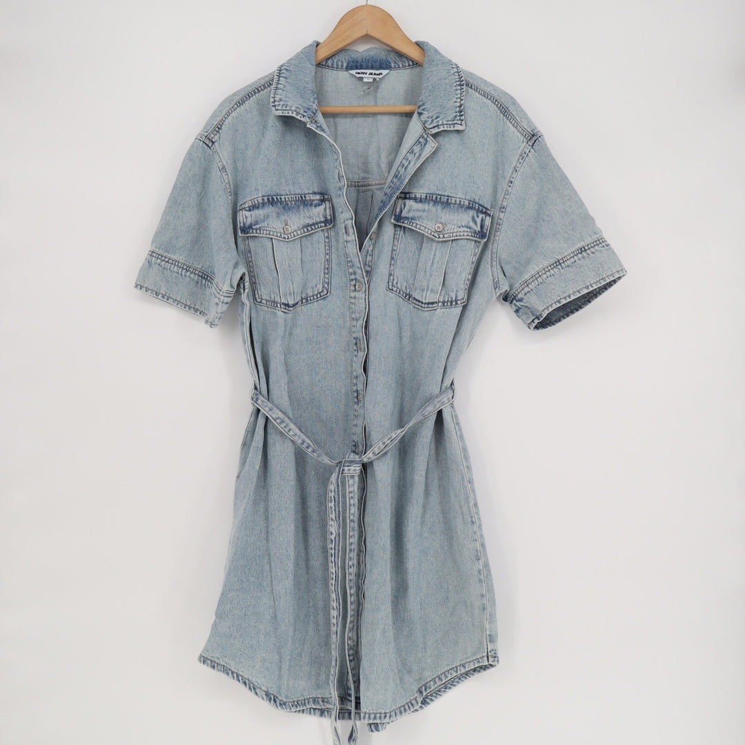 DKNY Jeans Womens Light Wash Denim Short Sleeve Belted Shirt Dress Large