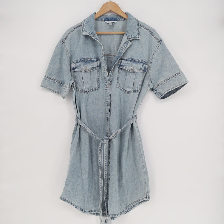 DKNY Jeans Womens Light Wash Denim Short Sleeve Belted Shirt Dress Large