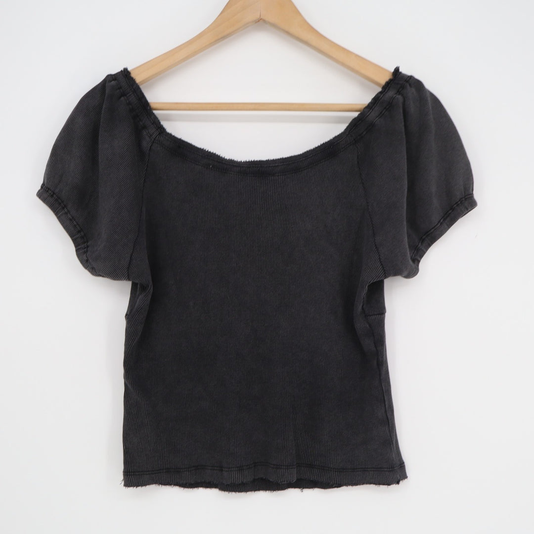 Full Tilt Crop Top Womens L Black Cotton Ribbed Raw Edge Short Sleeve Scoop Neck