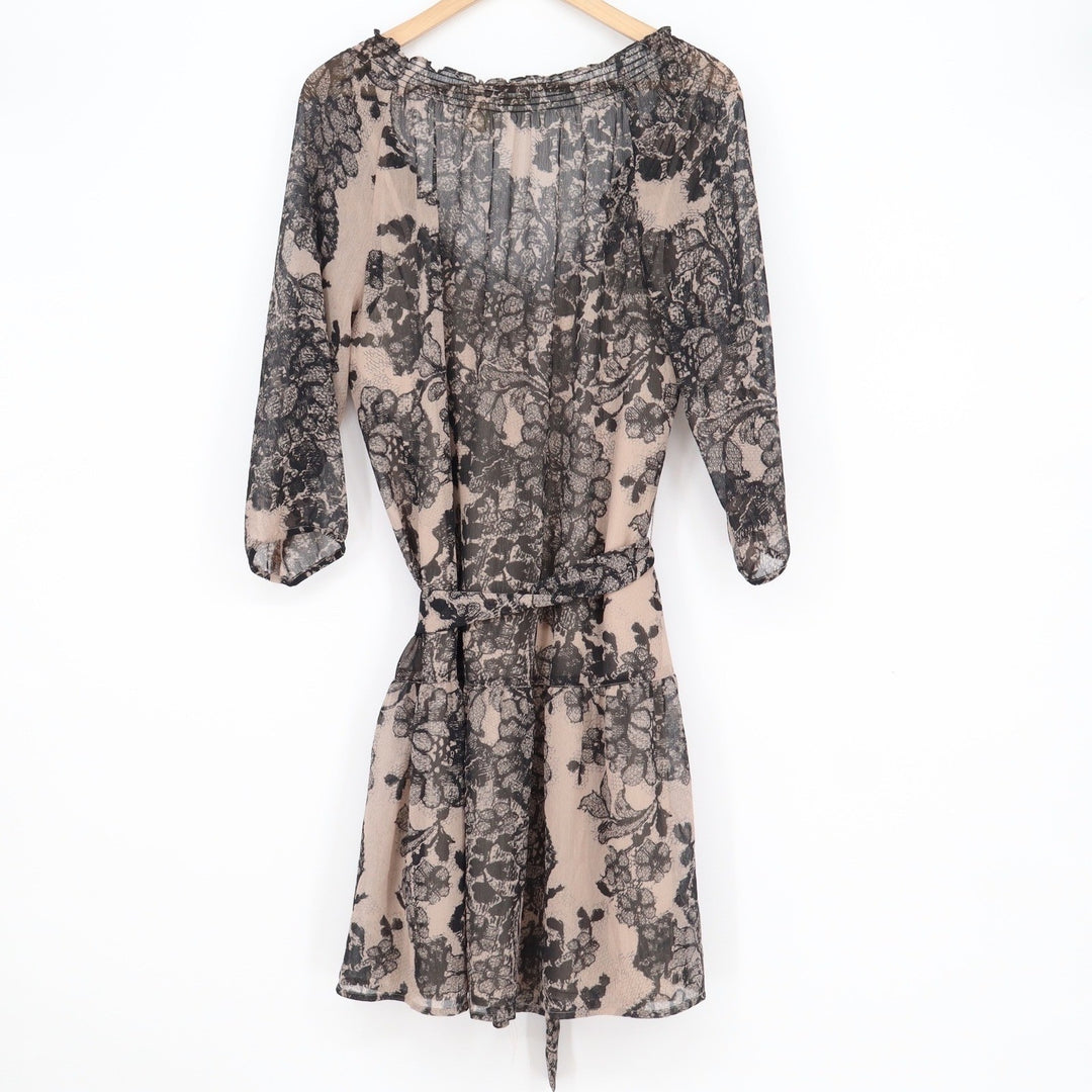 DKNY Jeans Womens Floral Chiffon Tunic Dress Tan Black Lace Trim Liner Large