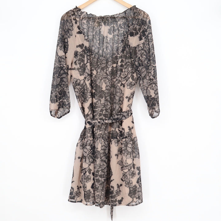 DKNY Jeans Womens Floral Chiffon Tunic Dress Tan Black Lace Trim Liner Large