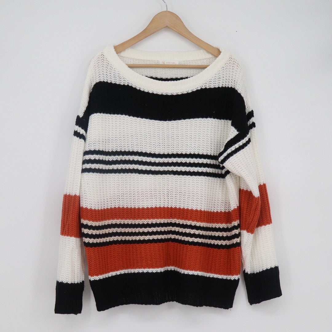 Kirundo Womens XL Striped Oversized Chunky Knit Sweater White Black Pullover