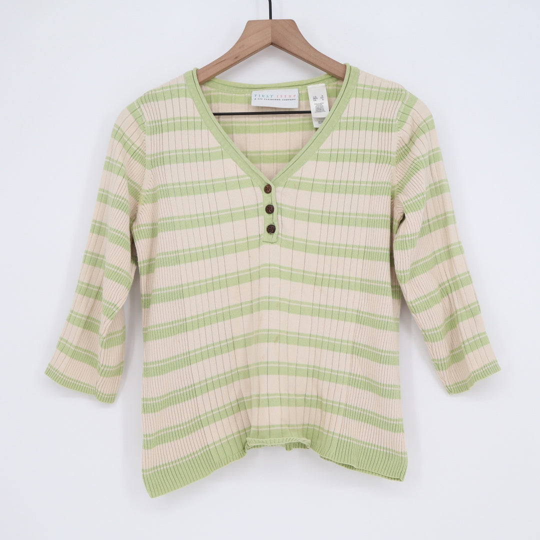 First Issue Sweater Womens Small Henley V-Neck Green Striped Ribbed Good