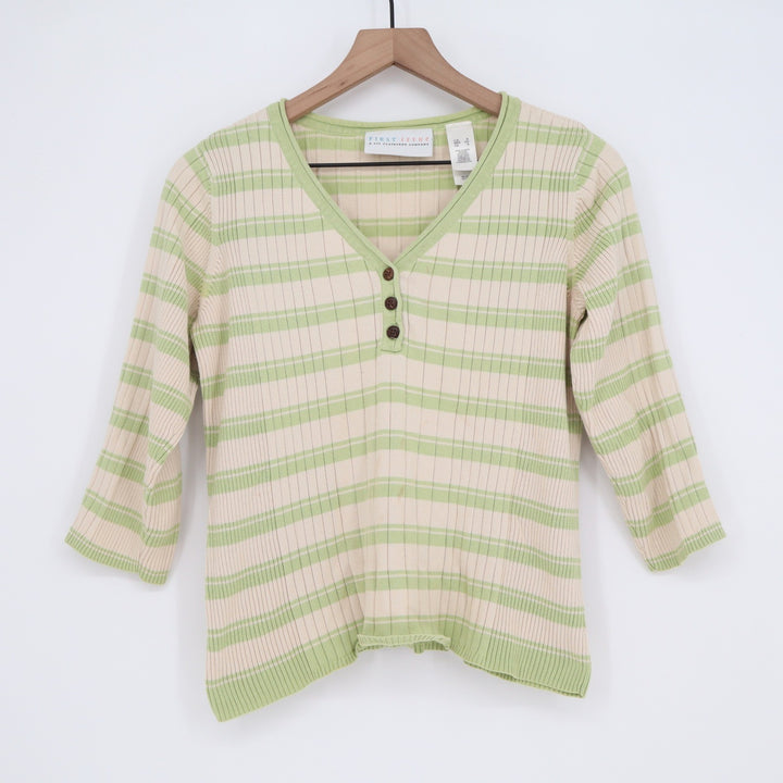 First Issue Sweater Womens Small Henley V-Neck Green Striped Ribbed Good