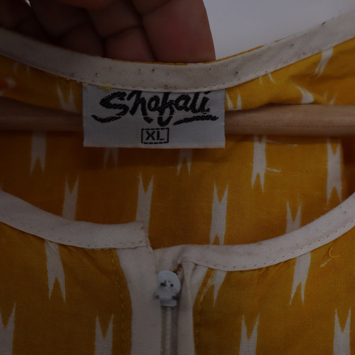 Shafali Mustard Yellow Ikat Print Maxi Dress XL Short Sleeve Zipper Front Kaftan