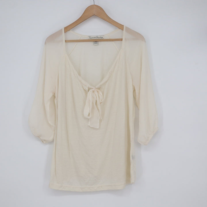 French Laundry Cream Sheer Raglan 3/4 Sleeve Tie Front Blouse Large