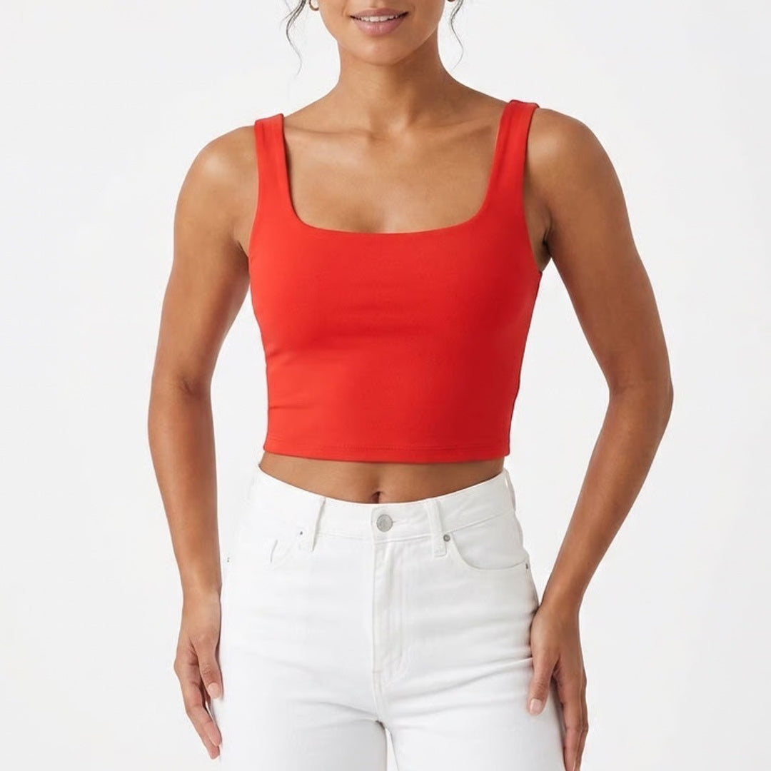 Red Square Neck Crop Tank Top Sleeveless Stretch Slim Fit Large