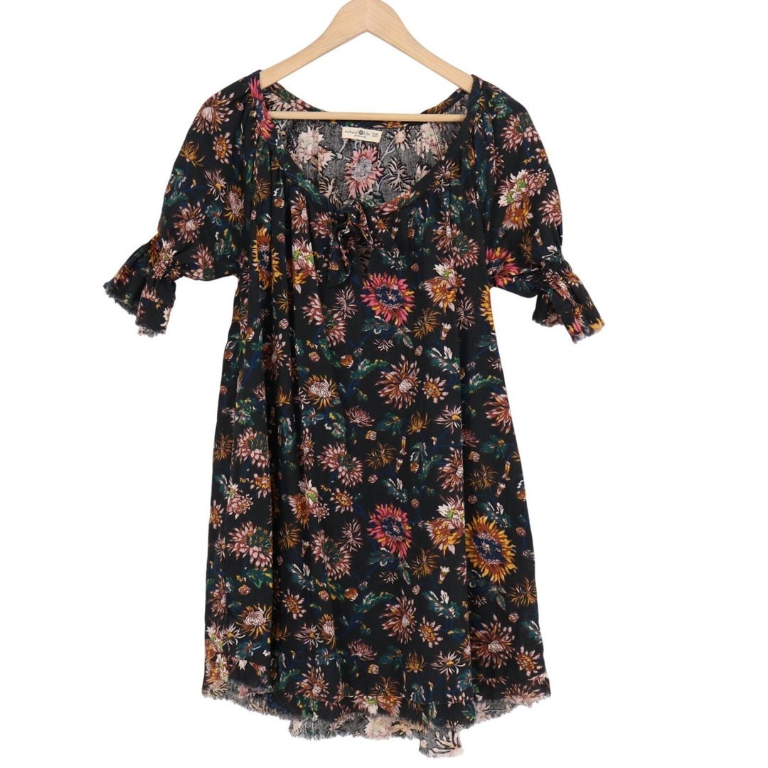 Natural Life Mini Dress Womens XS/S Black Floral Cotton Pleated Frayed Trim