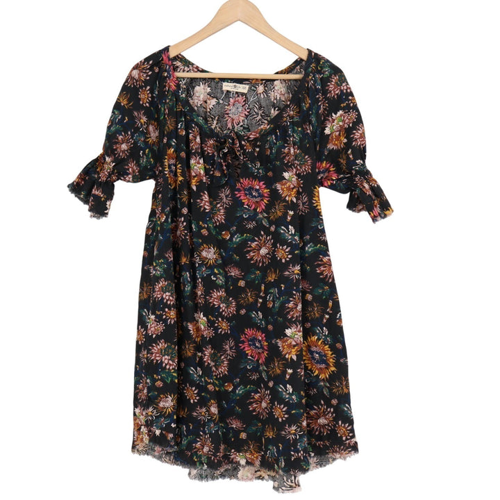Natural Life Mini Dress Womens XS/S Black Floral Cotton Pleated Frayed Trim
