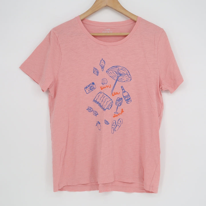J. Crew Collector Tee Womens L Pink Sun Sea Sand Beach Graphic Slub Cotton Shirt