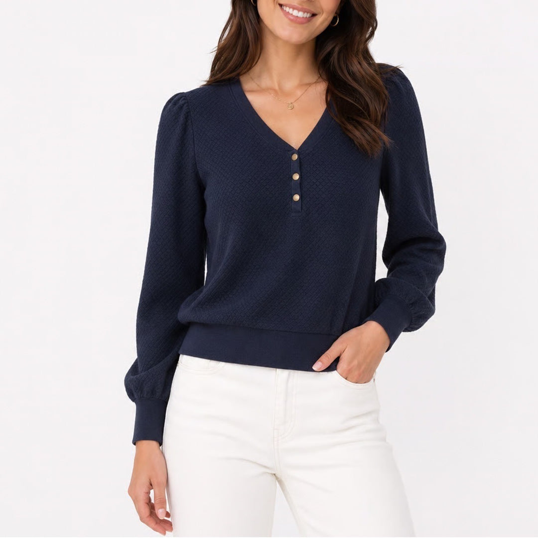 Brea Canyon Womens Navy Blue Quilted Henley Puff Sleeve V-Neck Top L