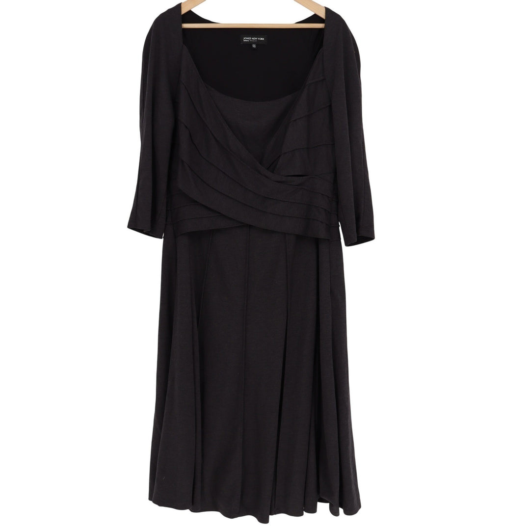 Jones New York Dress Woman Black Pleated Surplice Midi Dress 14W 3/4 Sleeve