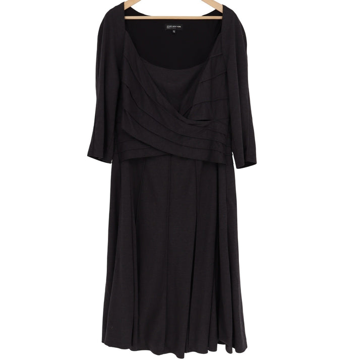 Jones New York Dress Woman Black Pleated Surplice Midi Dress 14W 3/4 Sleeve