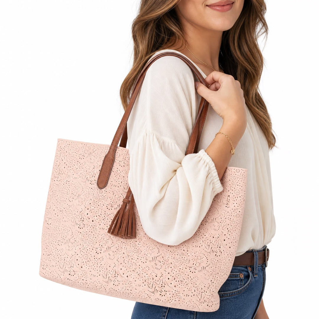 Ulta Beauty Peach Laser Cut Floral Tote Bag Tassel Charm Boho Large Carryall
