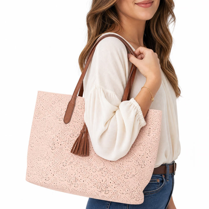 Ulta Beauty Peach Laser Cut Floral Tote Bag Tassel Charm Boho Large Carryall