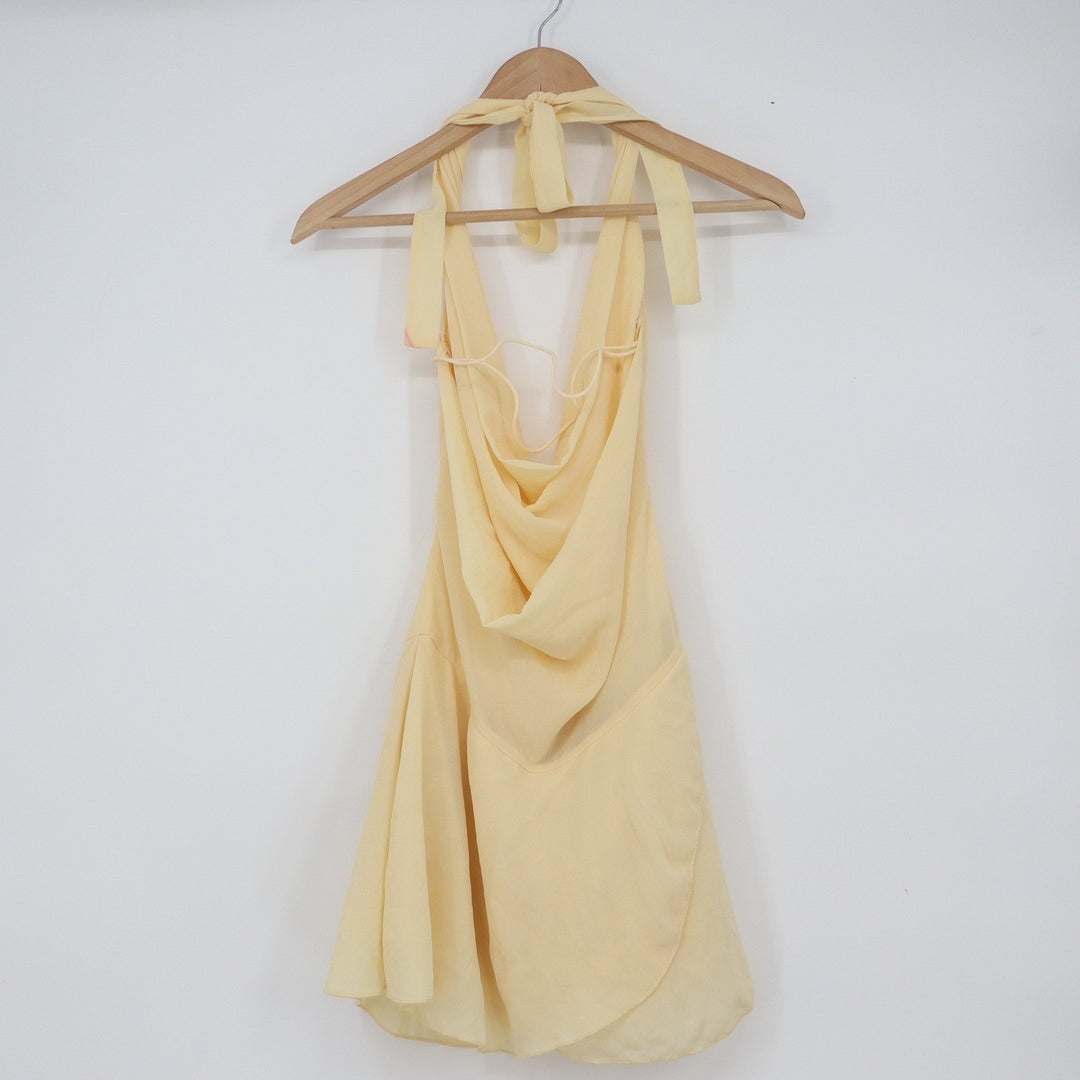 Butter Yellow Cowl Neck Halter Mini Dress Open Back Summer Party Size S