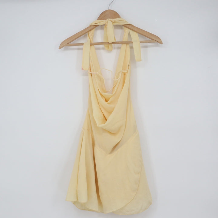 Butter Yellow Cowl Neck Halter Mini Dress Open Back Summer Party Size S
