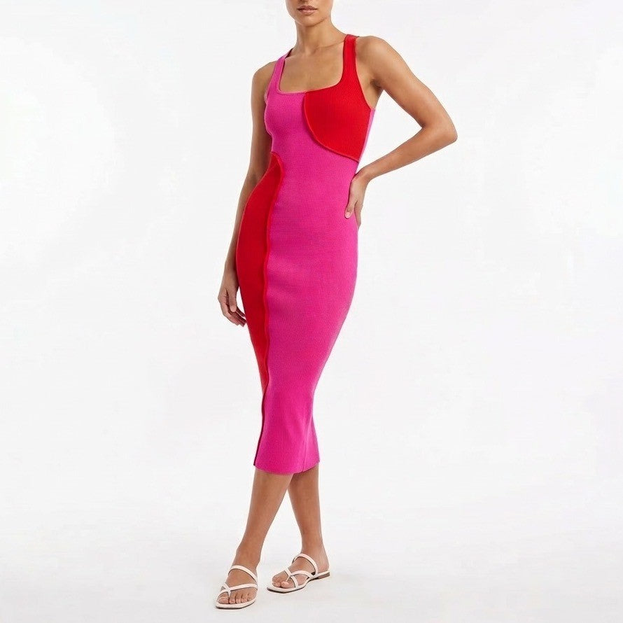 Naked Wardrobe Pink Red Colorblock Ribbed Racerback Midi Dress XS