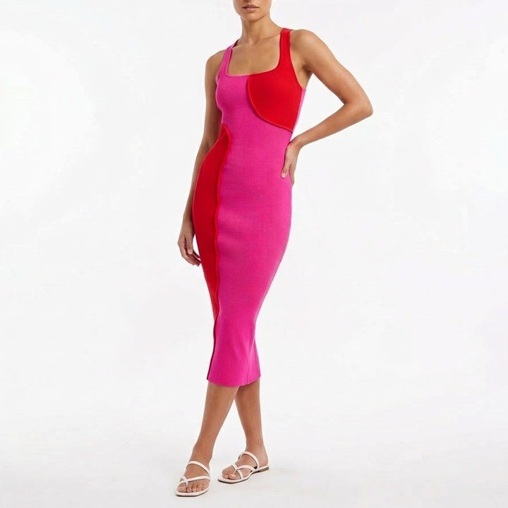 Naked Wardrobe Pink Red Colorblock Ribbed Racerback Midi Dress XS