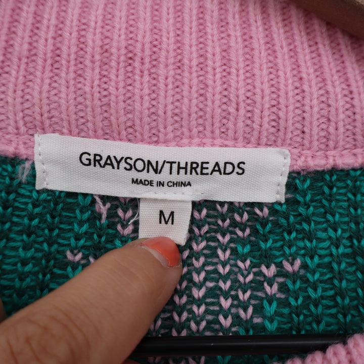 Grayson Threads Pink Teal Green Geometric Tree Knit Sweater Medium Holiday