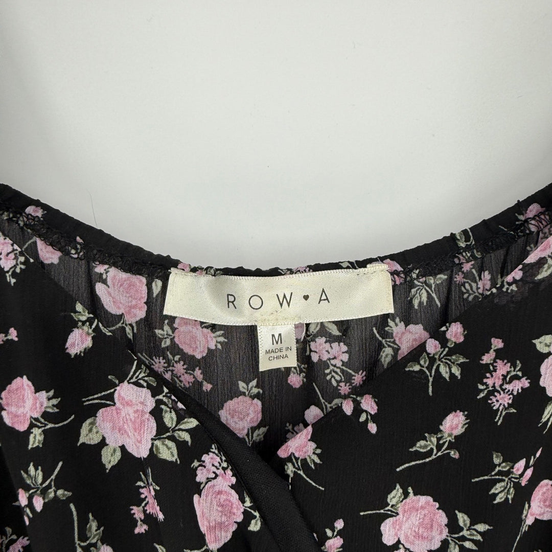 ROW A Black Pink Floral Ruffle Tiered Mini Dress Short Sleeve Square Neck M