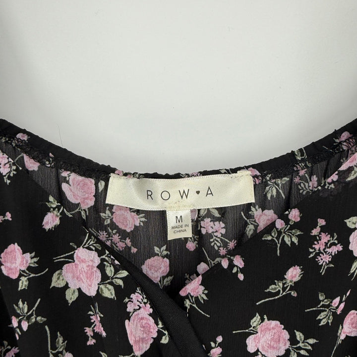 ROW A Black Pink Floral Ruffle Tiered Mini Dress Short Sleeve Square Neck M