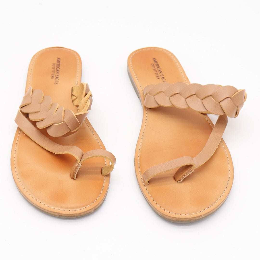 American Eagle Womens Tan Braided Toe Loop Flat Slide Sandals Size 10