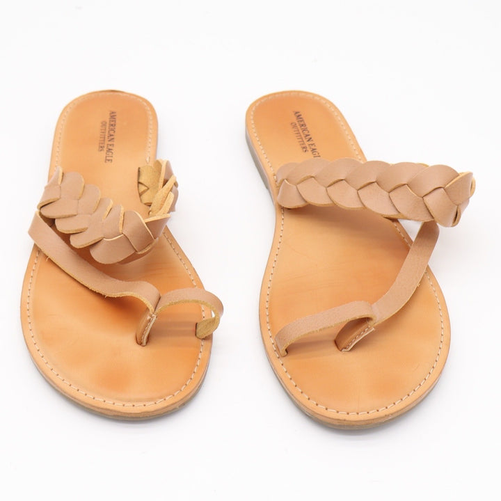 American Eagle Womens Tan Braided Toe Loop Flat Slide Sandals Size 10