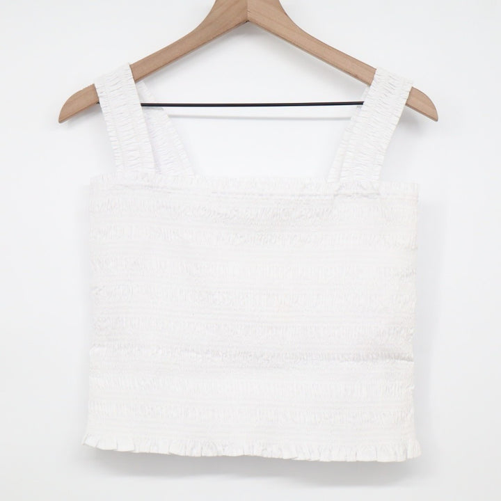 Madewell Poplin Cropped Top Womens L White Cotton Smocked Wide Strap Square Neck