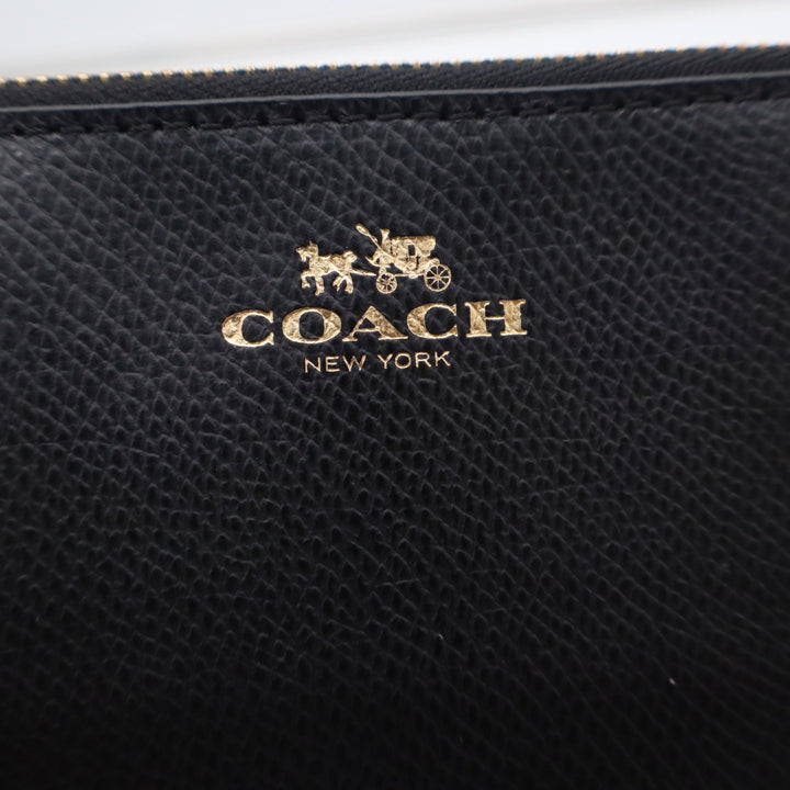 Coach Corner Zip Wristlet Black Crossgrain Leather Gold Logo