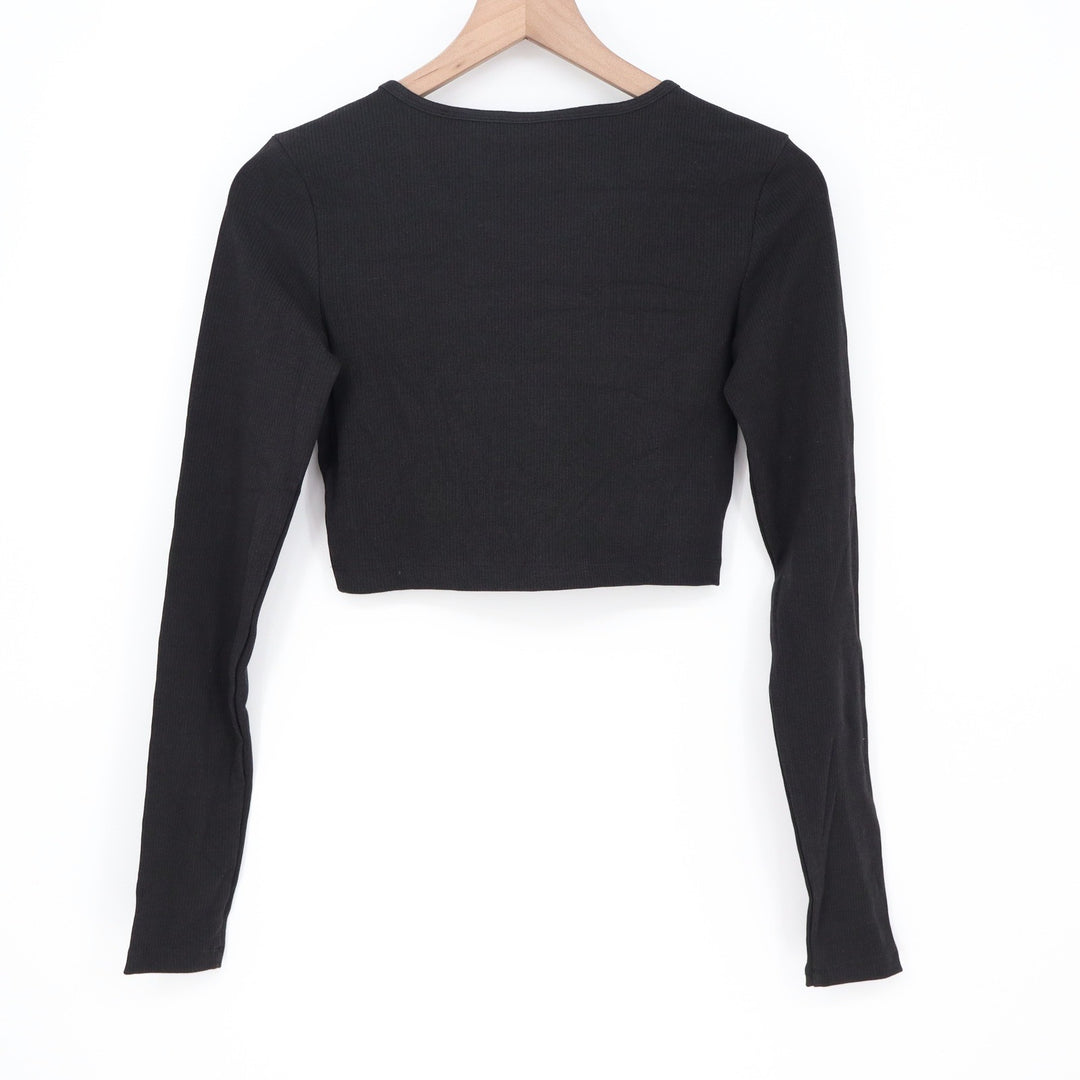 Adidas Originals Womens ESS Crop LS Black Ribbed Long Sleeve Top Size S