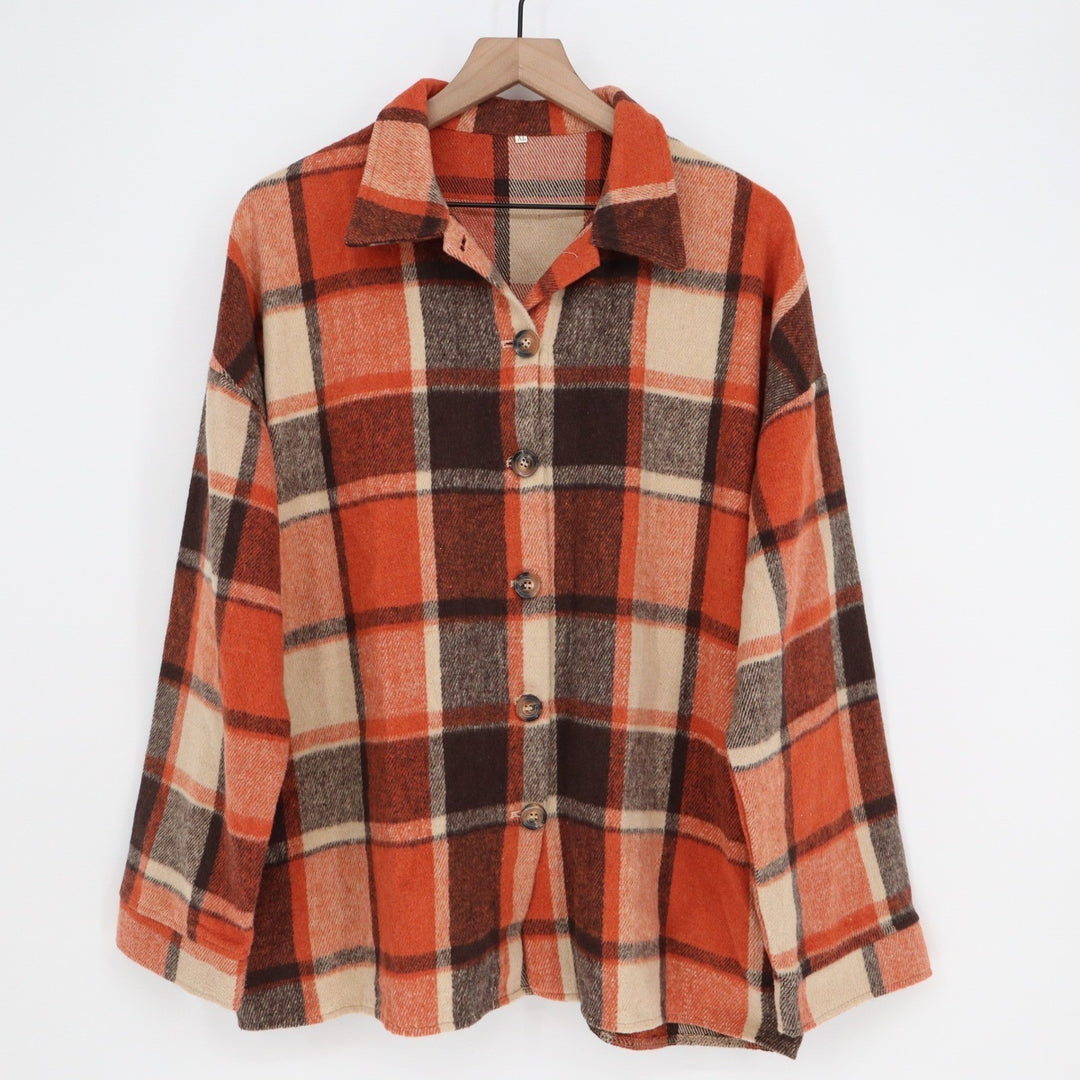 Orange Plaid Oversized Shacket Button Down Shirt Jacket XL Brown Cream Check