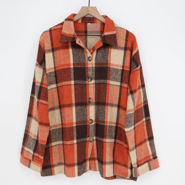 Orange Plaid Oversized Shacket Button Down Shirt Jacket XL Brown Cream Check