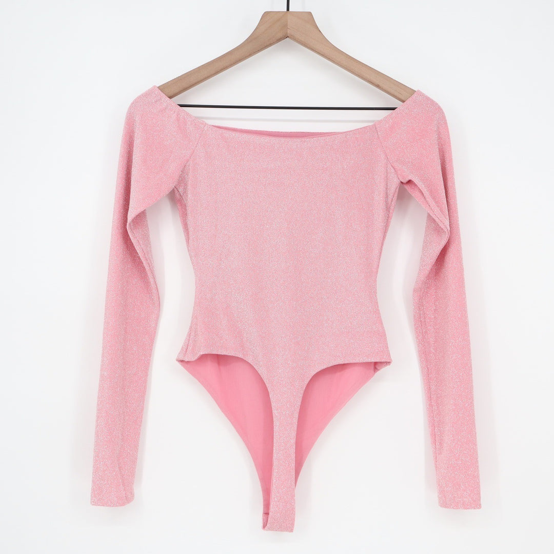 Naked Wardrobe Pink Lurex Metallic Cutout Off Shoulder Bodysuit Small