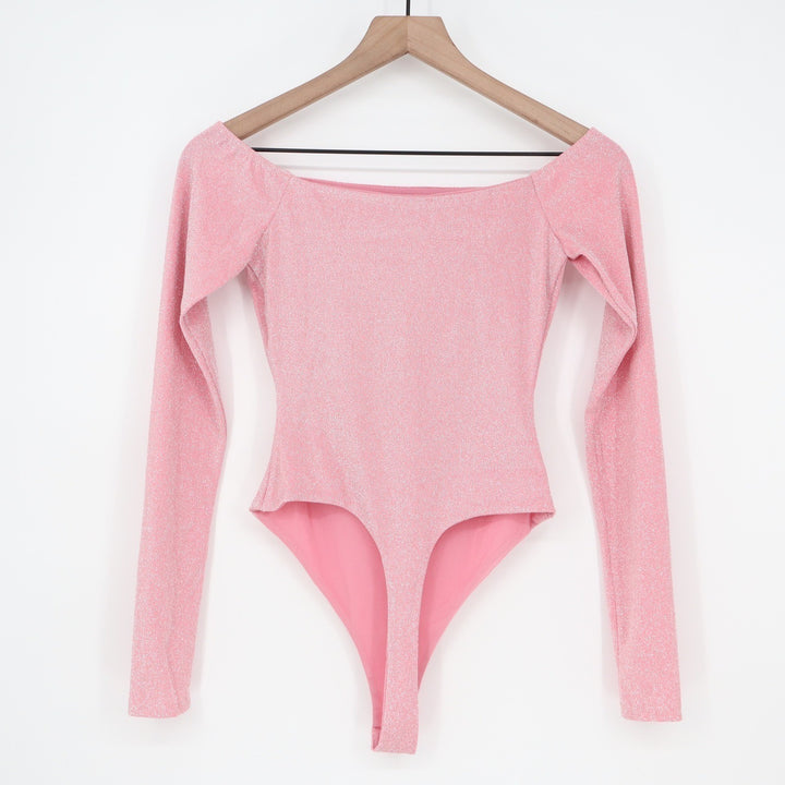 Naked Wardrobe Pink Lurex Metallic Cutout Off Shoulder Bodysuit Small