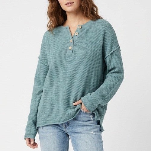 Sweater Womens Medium Teal Waffle Knit Long Sleeve Henley Neck Pullover