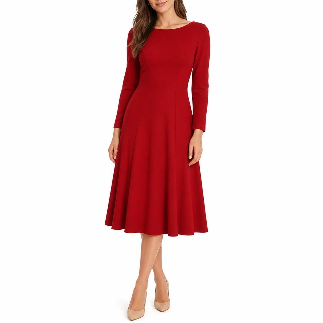 Talbots Petites Red Ponte Fit & Flare Midi Dress Long Sleeve Size 2P Boat Neck