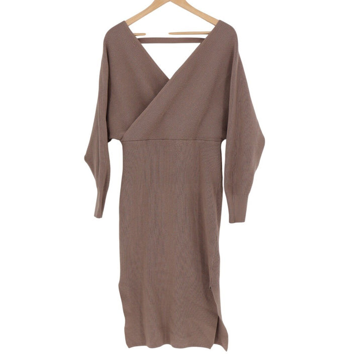 CHERFLY Brown Knit Wrap Midi Dress Batwing Sleeve V Neck Size M