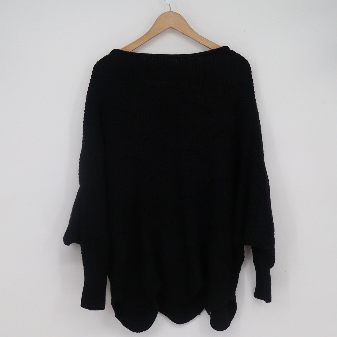Oversized Black Batwing Knit Sweater Scalloped Hem Boat Neck Slouchy Pullover