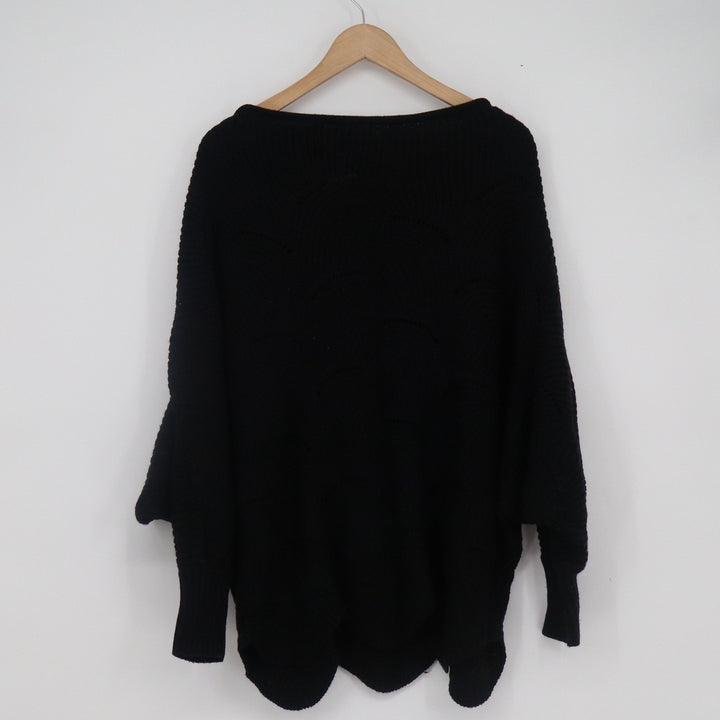 Oversized Black Batwing Knit Sweater Scalloped Hem Boat Neck Slouchy Pullover