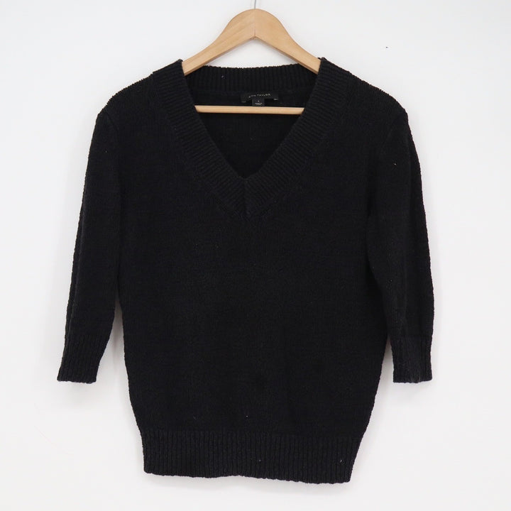 Ann Taylor Black V-Neck Knit Sweater 3/4 Sleeve Ribbed Trim Womens Size S