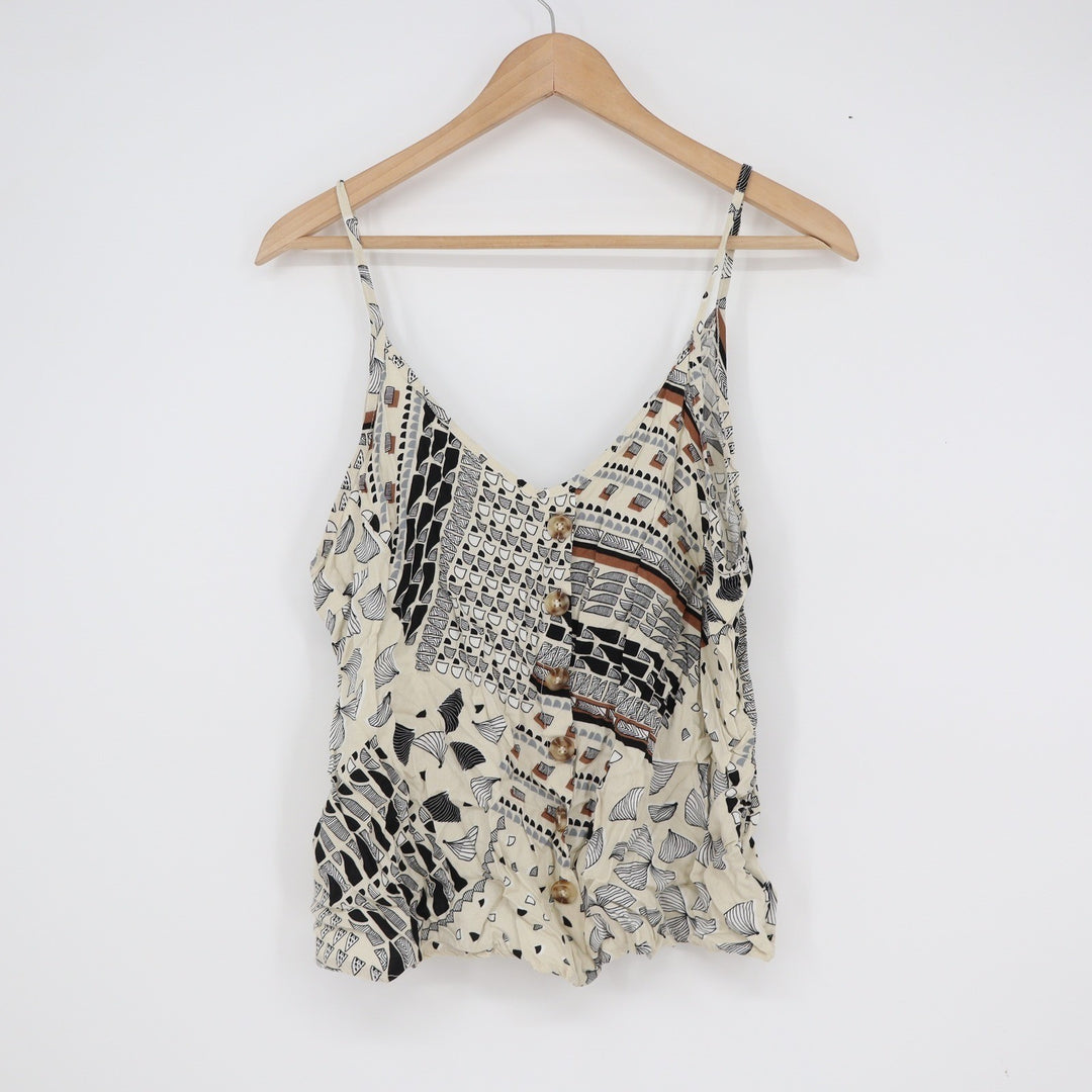 Paper Crane Geometric Abstract Button Front Cami Tank Top Cream Black Large