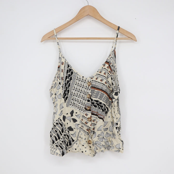 Paper Crane Geometric Abstract Button Front Cami Tank Top Cream Black Large