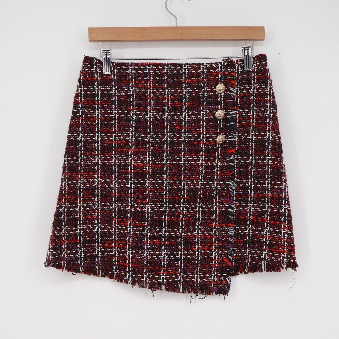 Naked Zebra Red Plaid Tweed Mini Skirt Gold Button Asymmetrical Frayed Hem S